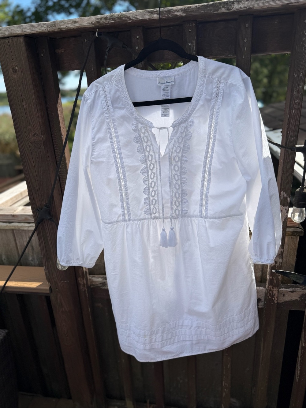 Tommy Bahama White Embroidered Peasant Tunic with Tassel Tie